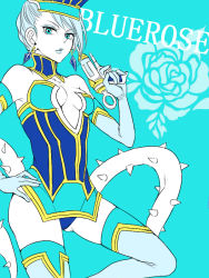 Rule 34 | 10s, 1girl, bad id, bad pixiv id, bare shoulders, blue eyes, blue hair, blue rose (tiger &amp; bunny), breasts, cleavage, earrings, elbow gloves, gloves, gun, hand on own hip, hat, hip focus, jewelry, karina lyle, lipstick, makeup, matching hair/eyes, medium breasts, meguro, short hair, solo, superhero costume, tiger &amp; bunny, weapon