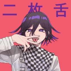 Rule 34 | 1boy, black hair, checkered clothes, checkered scarf, covering own mouth, danganronpa (series), danganronpa v3: killing harmony, forked tongue, grey jacket, hand over own mouth, highres, jacket, long sleeves, looking at viewer, male focus, medium hair, ni tamago, oma kokichi, purple eyes, purple hair, red background, scarf, solo, teeth, tongue, tongue out, translation request, upper teeth only, v