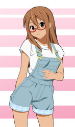 Rule 34 | brown eyes, brown hair, fukuoka katsumi, glasses, hinata (fukuoka katsumi), long hair, original, overalls, solo, tan
