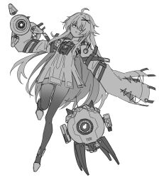 Rule 34 | ahoge, bandage over one eye, detached sleeves, dress, drone, grey theme, greyscale, hair ornament, highres, monochrome, no.21&#039;s buddy (punishing: gray raven), no.21: xxi (punishing: gray raven), no.21 (punishing: gray raven), non-humanoid robot, one-eyed, open mouth, punishing: gray raven, robot, sleeves past fingers, sleeves past wrists, tro vo0723, unkempt, white background, x hair ornament