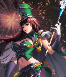 Rule 34 | 1girl, alternate costume, breasts, brown hair, cape, card (medium), chaos online, cleavage, curvy, feathers, female focus, fireworks, gloves, hat, large breasts, long hair, love cacao, midriff, navel, obly, official art, parted lips, purple eyes, shako cap, simple background, skirt, solo, staff, transparent background, white gloves, wide hips