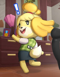 Rule 34 | !, 1girl, absurdres, animal crossing, animal ears, animal nose, black eyes, blue skirt, blush, blush stickers, bright pupils, chair, commentary request, dog ears, dog girl, dog tail, drawer, dust, duster, feather duster, full body, furry, furry female, gonzarez, green vest, highres, holding, holding duster, indoors, isabelle (animal crossing), looking at viewer, looking back, medal, nintendo, office chair, open mouth, pencil skirt, picture frame, plaid, plaid vest, shirt, skirt, smile, solo, standing, standing on one leg, surprised, swivel chair, tail, teeth, topknot, upper teeth only, vest, white pupils, white shirt, yellow fur