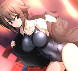 Rule 34 | 10s, 1girl, black one-piece swimsuit, blouse, blurry, breasts, brown eyes, brown hair, chair, collarbone, competition school swimsuit, covered navel, cowboy shot, depth of field, dutch angle, folding chair, girls und panzer, hair between eyes, kuromorimine military uniform, large breasts, locker, locker room, nakahira guy, new school swimsuit, nishizumi maho, off shoulder, one-piece swimsuit, open clothes, open shirt, parted lips, school swimsuit, shirt, short hair, sitting, solo, swimsuit, swimsuit under clothes, taut clothes, taut swimsuit, undressing