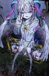 Rule 34 | 1girl, blue bow, blue eyes, blue footwear, blue hair, blue nails, blue shirt, blue skirt, bow, chain-link fence, chouzetsusaikawa tenshi-chan, commentary, distortion, english commentary, feathered wings, fence, full body, gradient hair, hair bow, hair ornament, hand up, heart, heart hair ornament, highres, holographic clothing, long hair, long sleeves, looking at viewer, multicolored hair, multicolored nails, nail polish, needy girl overdose, no entry sign, open mouth, outdoors, pink bow, pink hair, pink nails, pleated skirt, purple bow, purple hair, quad tails, road sign, sailor collar, school uniform, serafuku, shirt, sign, skirt, smile, solo, standing, twintails, twitter username, v, very long hair, white hair, white wings, wings, xdoxa89, yellow bow, yellow nails