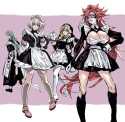Rule 34 | 1boy, 3girls, a.b.a, alternate costume, amputee, apron, baiken, black dress, blonde hair, blue eyes, breasts, bridget (guilty gear), cup, dress, elphelt valentine, enmaided, frilled apron, frills, full body, green hair, guilty gear, guilty gear strive, habit, highres, large breasts, maid, maid apron, maid headdress, multiple girls, nobita (makoto7060355), open clothes, pink hair, ponytail, short hair, smile, teacup, thighhighs, trap, waist apron, white apron
