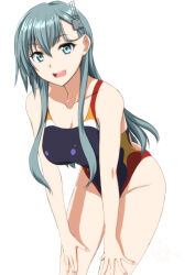 Rule 34 | 1girl, aqua hair, black one-piece swimsuit, breasts, collarbone, competition swimsuit, cowboy shot, green eyes, hair ornament, hairclip, hands on own thighs, kantai collection, koutarou (plusdrive), large breasts, long hair, medium breasts, multicolored clothes, multicolored swimsuit, one-piece swimsuit, open mouth, simple background, smile, solo, suzuya (kancolle), swimsuit, teeth, upper teeth only, white background