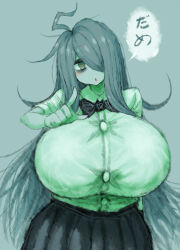 Rule 34 | 1girl, 2b-ge, bags under eyes, bow, bowtie, breasts, chestnut mouth, female focus, green theme, hair over one eye, huge breasts, japanese text, long hair, looking at viewer, mei (2b-ge), original, pointing, pointing at viewer, school uniform, skirt, solo, spot color, standing, taut clothes, translation request
