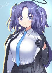 Rule 34 | 1girl, artist name, black gloves, black skirt, blue archive, blue necktie, blush, bosshi, breasts, breath, gloves, halo, highres, jacket, long hair, long sleeves, looking at viewer, necktie, open clothes, open mouth, purple eyes, purple hair, shirt, simple background, skirt, solo, two side up, upper body, white shirt, yuuka (blue archive)