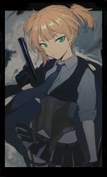 Rule 34 | 1girl, belt, belt buckle, black gloves, blonde hair, blue necktie, bolt action, braid, buckle, closed mouth, collar, collared shirt, corset, covering own mouth, gagged, girls&#039; frontline, gloves, green eyes, gun, hai (haihki), hand gagged, hand over another&#039;s mouth, hand over another's mouth, handgun, highres, holding, holding gun, holding weapon, integral suppressor, integrally-suppressed firearm, looking at viewer, manual firearm, medium hair, miniskirt, necktie, neckwear request, pistol, shirt, short sleeves, simple background, skirt, solo, standing, suppressor, thigh strap, twintails, weapon, welrod, welrod mk ii, welrod mkii (girls&#039; frontline)