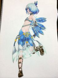 Rule 34 | 1girl, alternate costume, alternate wings, bow, cirno, from side, full body, gloves, gradient hair, hair bow, mechanical wings, multicolored hair, osome tei, profile, short hair, solo, standing, standing on one leg, touhou, traditional media, wings