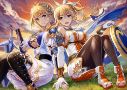 Rule 34 | 2girls, artist request, blonde hair, blue eyes, boots, braid, braided ponytail, breasts, brown legwear, cassandra alexandra, cleavage, elbow gloves, gloves, hair ribbon, hand on another&#039;s hand, large breasts, long hair, multiple girls, official art, olive wreath, pantyhose, ponytail, ribbon, shield, siblings, sideboob, sisters, skirt, smile, sophitia alexandra, soul calibur, soulcalibur vi, sword, thigh boots, thighhighs, weapon, wreath