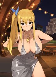Rule 34 | 1girl, barleyshake, blonde hair, breasts, brown eyes, cleavage, curvy, dress, fairy tail, hair ornament, jewelry, large breasts, looking at viewer, lucy heartfilia, necklace, smile
