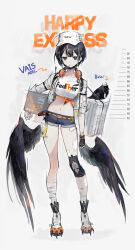 Rule 34 | 1girl, absurdres, bandaged leg, bandages, barcode scanner, bird, black eyes, black hair, box, breasts, candy, crop top, ear piercing, english text, expressionless, feathered wings, food, food in mouth, hat, headphones, headphones around neck, highres, jacket, lollipop, low wings, medium breasts, midriff, multicolored hair, open clothes, open jacket, original, piercing, shirt, short hair, short shorts, shorts, solo, soyoong jun, streaked hair, white hat, white jacket, white shirt, wings