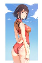 Rule 34 | 1girl, adapted costume, arms at sides, artist name, ass, black hair, blue sky, blurry, blurry background, blush, breasts, brown eyes, closed mouth, cloud, cloudy sky, competition swimsuit, cosplay, covered erect nipples, cowboy shot, day, from side, half-closed eyes, jewelry, katou megumi, looking at viewer, looking back, medium breasts, neon genesis evangelion, one-piece swimsuit, outdoors, plugsuit, red one-piece swimsuit, ring, saenai heroine no sodatekata, short hair, sidelocks, sky, solo, souryuu asuka langley, souryuu asuka langley (cosplay), standing, swimsuit, thighs, tight (ohmygod), tsurime