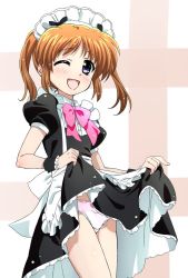 Rule 34 | 1girl, ;d, alternate costume, apron, back bow, black dress, blue eyes, blush, bow, bow panties, bowtie, brown hair, clothes lift, commentary request, cowboy shot, crotch seam, dress, dress lift, enmaided, lifted by self, looking at viewer, lyrical nanoha, maid, maid apron, maid headdress, miyajima hitoshi, one eye closed, open mouth, panties, pink bow, pink bowtie, puffy short sleeves, puffy sleeves, short hair, short sleeves, smile, solo, standing, takamachi nanoha, twintails, underwear, white apron, white panties