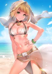 Rule 34 | 10s, 1girl, ahoge, bare shoulders, beach, belt, bikini, blonde hair, blue sky, breasts, bridal veil, cleavage, collarbone, commentary request, day, fate/extra, fate (series), feathers, green eyes, hair intakes, hand on own hip, highres, hip focus, lock, looking at viewer, medium breasts, navel, nero claudius (bride) (fate), nero claudius (fate), nero claudius (fate) (all), ocean, outdoors, sarong, sky, smile, solo, swimsuit, thighs, veil, white bikini, wind, wind lift, yuran, zipper, zipper pull tab