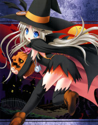 Rule 34 | 1girl, absurdres, arm warmers, bat wings, black thighhighs, blue eyes, buttons, cape, fang, halloween, hat, hat ribbon, highres, huge filesize, jack-o&#039;-lantern, large buttons, little busters!, long hair, na-ga, noumi kudryavka, oversized button, pocket watch, pumpkin, ribbon, silver hair, solo, thighhighs, watch, wings, witch hat