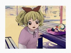 Rule 34 | 1girl, aged down, aikatsu!, aikatsu! (series), bench, blonde hair, blurry, blurry background, bow, bow hairband, brown eyes, collared shirt, day, film grain, hairband, hoshimiya ichigo, long sleeves, looking at viewer, neck ribbon, open mouth, osouzai-kun, outdoors, park, park bench, pink shirt, red bow, ribbon, shirt, short twintails, smile, solo, tray, twintails, upper body
