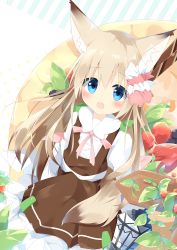Rule 34 | 1girl, :d, animal ears, blue eyes, blush, brown dress, commentary request, dress, fox ears, fox girl, fox tail, frilled dress, frills, hair between eyes, hair ribbon, highres, juliet sleeves, kushida you, leaf, light brown hair, long hair, long sleeves, looking at viewer, open mouth, original, puffy sleeves, ribbon, shirt, sleeveless, sleeveless dress, smile, solo, tail, very long hair, white shirt