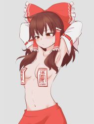 Rule 34 | 1girl, armpits, arms behind head, bad id, bad twitter id, blush, bow, breasts, brown eyes, brown hair, commentary request, cowboy shot, detached sleeves, grey background, hair bow, hair tubes, hakurei reimu, highres, marogare niwa, medium breasts, navel, ofuda, red bow, red skirt, ribbon-trimmed sleeves, ribbon trim, sidelocks, simple background, skirt, solo, stomach, sweat, touhou, upper body