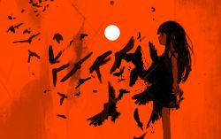 Rule 34 | 1girl, arms at sides, bird, commentary request, dress, feathers, feet out of frame, flock, from side, furude rika, highres, higurashi no naku koro ni, long hair, looking away, momotarekawa, monochrome, orange theme, profile, red theme, signature, solo, standing, sun, sundress, surreal