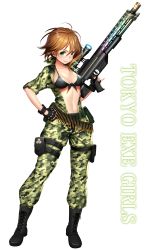 Rule 34 | 1girl, ammunition belt, bad id, bad pixiv id, belt, bikini, bikini top only, black bikini, boots, brown hair, camouflage, camouflage pants, center opening, covered erect nipples, fingerless gloves, front-tie top, full body, gloves, green eyes, gun, hand on own hip, highres, holster, ichigaya ayane, jumpsuit, looking at viewer, navel, open clothes, open shirt, pants, re:shimashima, rifle, scope, shirt, short hair, simple background, smile, sniper rifle, solo, swimsuit, thigh holster, tokyo exe girls, trigger discipline, weapon, white background