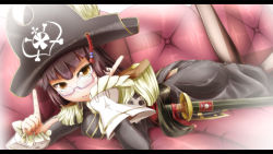 Rule 34 | 1girl, :p, black hair, brown eyes, chiaki kurihara, head rest, ascot, glasses, hat, hat feather, hime cut, letterboxed, long hair, lying, miniskirt pirates, on stomach, pikel, pikeru (artist), pirate, pirate hat, purple-framed eyewear, skull and crossbones, smile, solo, sword, tongue, tongue out, weapon