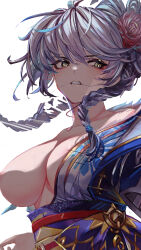 Rule 34 | 1girl, absurdres, ahoge, bath yukata, braid, breast slip, breasts, clenched teeth, commentary request, flower, from side, granblue fantasy, grey hair, hair between eyes, hair flower, hair in own mouth, hair ornament, hair strand, harapan (akb0049), highres, japanese clothes, kimono, large breasts, long hair, motion lines, nipples, no bra, obi, one breast out, open clothes, open kimono, sash, silva (granblue fantasy), simple background, solo, teeth, twin braids, upper body, wavy hair, white background, yellow eyes, yukata