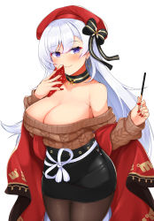 Rule 34 | 1girl, aran sweater, azur lane, bare shoulders, belfast (azur lane), belfast (shopping with the head maid) (azur lane), beret, black bow, black choker, black skirt, blush, bow, breasts, brown pantyhose, brown sweater, cable knit, choker, cleavage, collarbone, commentary request, cowboy shot, daichi (tokoya), earrings, food, hair between eyes, hands up, hat, hat bow, highres, holding, holding food, hoop earrings, jewelry, large breasts, long hair, long sleeves, looking at viewer, miniskirt, nail polish, off-shoulder sweater, off shoulder, pantyhose, pencil skirt, pocky, purple eyes, red hat, red nails, sash, shawl, silver hair, simple background, skirt, smile, solo, standing, sweater, thighs, very long hair, white background, white sash