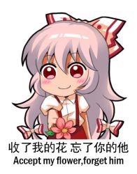 Rule 34 | 1girl, bow, chinese text, commentary request, flower, fujiwara no mokou, hair bow, hair ribbon, holding, holding flower, jokanhiyou, long hair, multi-tied hair, pants, pink flower, pink hair, puffy short sleeves, puffy sleeves, red eyes, red pants, ribbon, shirt, short sleeves, simple background, smile, solo, suspenders, touhou, translation request, white background, white shirt