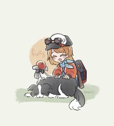 Rule 34 | apple (reverse:1999), backpack, bag, black bow, black bowtie, blue scarf, bow, bowtie, breasts, brown hair, closed eyes, collar, dog, english text, eyewear on headwear, grey collar, hat, henanji, highres, jacket, light blush, medium hair, open mouth, petting, pickles (reverse:1999), polka dot, polka dot scarf, red jacket, regulus (reverse:1999), reverse:1999, scarf, signature, simple background, small breasts, sunglasses, two-tone fur