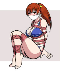 Rule 34 | 1girl, barefoot, bdsm, bikini, blue bikini, blush, breasts, cleavage, cloth gag, dead or alive, dead or alive xtreme, gag, highres, improvised gag, jam-orbital, kasumi (doa), large breasts, looking at viewer, ponytail, red hair, robe, shibari, sitting, solo, swimsuit