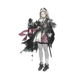 Rule 34 | 1girl, arknights, azling, black footwear, black jacket, full body, grey eyes, grey hair, grey shirt, head wings, highres, holding, holding lantern, irene (arknights), jacket, lantern, long hair, long sleeves, looking at viewer, official art, pantyhose, scabbard, scar, scar across eye, sheath, shirt, shoes, skirt, solo, standing, transparent background, white pantyhose, wings
