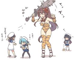 Rule 34 | 4girls, adapted weapon, animal print, bare shoulders, black hair, black legwear, blue hair, blue sailor collar, blue skirt, box, breasts, brown hair, cherry blossoms, cleavage, closed eyes, club (weapon), commentary request, cowboy shot, daitou (kancolle), dress, flower, gauntlets, hair flower, hair ornament, hat, kantai collection, large breasts, leotard, long hair, looking at viewer, mask, mask on head, matsuwa (kancolle), multiple girls, nakadori (movgnsk), nontraditional playboy bunny, oni mask, pantyhose, playboy bunny, pleated skirt, ponytail, sado (kancolle), sailor collar, sailor dress, sailor hat, school uniform, serafuku, setsubun, simple background, skirt, smile, spill, strapless, strapless leotard, thighhighs, throwing, tiger print, translation request, weapon, white background, white dress, white headwear, yamato (kancolle), yellow leotard