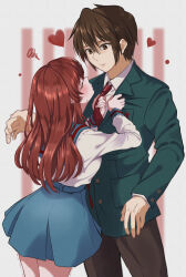 1boy 1girl 621_joker_123 asahina_mikuru blazer blue_sailor_collar blue_skirt blush breast_pocket brown_hair brown_pants closed_mouth clothes_grab collared_shirt commentary_request green_jacket heart hetero highres incoming_kiss jacket kita_high_school_uniform koizumi_itsuki long_hair long_sleeves necktie necktie_grab neckwear_grab pants pleated_skirt pocket red_necktie red_ribbon ribbon sailor_collar school_uniform serafuku shirt short_hair skirt squiggle suzumiya_haruhi_no_yuuutsu white_shirt winter_uniform