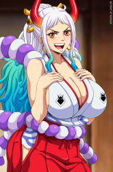 Rule 34 | 1girl, absurdres, artist name, bare shoulders, breasts, cleavage, collarbone, curvy, earrings, gradient hair, green hair, hands on own chest, highres, horns, huge breasts, japanese clothes, jewelry, long hair, looking at viewer, multicolored hair, one piece, open mouth, ponytail, sano br, sleeveless, smile, solo, white hair, yamato (one piece), yellow eyes