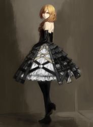 Rule 34 | 1girl, back, backless dress, backless outfit, bare shoulders, black footwear, black pantyhose, blonde hair, braid, brown eyes, dress, elbow gloves, female focus, frills, gloves, gothic lolita, high heels, highres, lolita fashion, looking at viewer, nyanpe, original, pantyhose, shoes, sketch, solo
