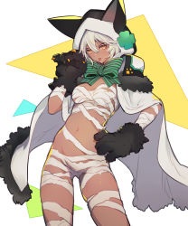 Rule 34 | 1girl, animal ears, animal hands, bandages, black hoodie, bow, breasts, cape, cat ears, cat paws, clover, dark-skinned female, dark skin, fake animal ears, four-leaf clover, fur trim, green bow, green neckwear, guilty gear, hair between eyes, halloween, halloween costume, hand on own hip, highres, hood, hoodie, looking at viewer, midriff, mummy costume, naked bandage, navel, oro (sumakaita), paw print, platinum blonde hair, ramlethal valentine, simple background, small breasts, solo, stomach, thigh gap, tongue, tongue out, white background, white cape, yellow eyes