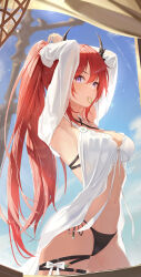 Rule 34 | 1girl, absurdres, arknights, armpits, arms behind head, arms up, bikini, black bikini, blue sky, bow, breasts, cleavage, commentary, criss-cross halter, day, detached sleeves, from side, hair between eyes, hair tie in mouth, halterneck, hammock, highres, horns, korean commentary, long hair, long sleeves, looking at viewer, medium breasts, mouth hold, navel, official alternate costume, outdoors, ponytail, purple eyes, red hair, resolution mismatch, revision, see-through, side-tie bikini bottom, sidelocks, sky, solo, source smaller, stomach, straight hair, surtr (arknights), surtr (colorful wonderland) (arknights), swimsuit, swimsuit cover-up, thigh bow, thigh strap, three twosix, tying, tying hair, very long hair, white bow