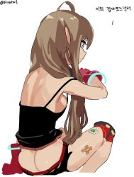 Rule 34 | 1girl, ass, bandaid, bandaid on leg, bare legs, black shirt, butt crack, dungeon and fighter, firstw1, from behind, gloves, ikki the vikki, long hair, midriff, pig tail, pointy ears, red eyes, red gloves, shin guards, shirt, shorts, simple background, sitting, solo, tail