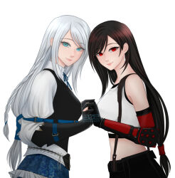 Rule 34 | 2girls, absurdres, azezazel, black hair, black vest, blue eyes, braid, braided ponytail, color contrast, crop top, dangle earrings, dress, earrings, elbow pads, final fantasy, final fantasy vii, final fantasy vii remake, final fantasy xvi, fingerless gloves, gloves, grey hair, hair over shoulder, highres, holding, holding hands, in-franchise crossover, jewelry, jill warrick, long hair, looking at viewer, low-tied long hair, midriff, multiple girls, red eyes, shirt, side braid, simple background, single braid, skirt, smile, suspender skirt, suspenders, suspenders gap, tank top, taut clothes, taut shirt, teardrop earring, tifa lockhart, upper body, vest, white dress, white tank top