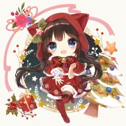 Rule 34 | 1girl, :d, animal ears, animal hood, black thighhighs, blue eyes, blush, boots, box, brown hair, capelet, cat ears, cat hood, christmas, christmas ornaments, christmas tree, commentary, danby merong, dress, flower, fur-trimmed capelet, fur-trimmed dress, fur trim, gift, gift box, head tilt, highres, holly, hood, hooded capelet, looking at viewer, open mouth, orb, original, outstretched arm, pink flower, red capelet, red dress, red footwear, smile, snowflakes, solo, standing, standing on one leg, star (symbol), thigh boots, thighhighs, thighhighs under boots