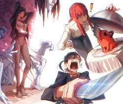 Rule 34 | !, 3girls, black hair, black jacket, black necktie, black pants, braid, braided ponytail, chainsaw, chainsaw man, collared shirt, emphasis lines, extra hands, eyepatch, formal, ghost devil (chainsaw man), glint, higashiyama kobeni, highres, himeno (chainsaw man), holding, holding knife, jacket, knife, leaning forward, looking at viewer, looking to the side, makima (chainsaw man), medium hair, multiple girls, necktie, open mouth, pale skin, pants, pochita (chainsaw man), red hair, ringed eyes, screaming, shirt, shirt tucked in, short hair, sidelocks, simple background, single sidelock, stephengiannart, suit, tray, weapon, white background, white shirt, yellow eyes