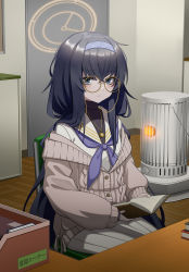 Rule 34 | 1girl, absurdres, black hair, blue archive, blue eyes, blush, book, eyewear strap, glasses, halo, headband, heater, highres, jewelry, kit, long hair, looking at viewer, necklace, school uniform, sitting, solo, sweater, table, ui (blue archive)