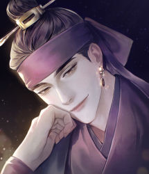 Rule 34 | 1boy, absurdres, black hair, brown eyes, earrings, glint, hair ornament, hair pulled back, hairpin, half-closed eyes, hanbok, hand on own cheek, hand on own face, hand up, head rest, head tilt, headband, highres, jewelry, korean clothes, kunmang, light particles, lips, looking at viewer, male focus, nose, original, portrait, purple headband, realistic, short hair, smirk, smug, solo, topknot