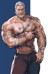 Rule 34 | 1boy, abs, arm hair, bandages, bara, beard, black pants, blind, blood, bulge, chest hair, cigar, dopey (dopq), facial hair, hair slicked back, highres, injury, large pectorals, looking at viewer, male focus, mature male, muscular, muscular male, mustache, navel, nipples, old, old man, overwatch, overwatch 1, pants, pectorals, reinhardt (overwatch), scar, scar across eye, scar on face, short hair, solo, stomach, thick eyebrows, thick thighs, thighs, tight clothes, tight pants, topless male, white hair
