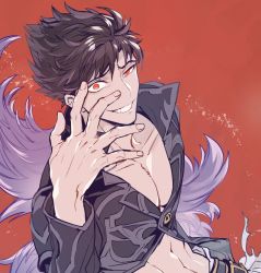Rule 34 | 1boy, belial (granblue fantasy), black pants, black shirt, crazy eyes, feather boa, granblue fantasy, grin, looking at viewer, pectoral cleavage, male focus, midriff, pants, pectorals, red background, red eyes, shirt, simple background, smile, solo, toned, toned male, upper body