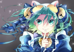 Rule 34 | 1girl, animal hat, apron, bell, blue ribbon, cat hat, closed mouth, dejiko, di gi charat, eyelashes, finger to mouth, green hair, grey background, hair bell, hair between eyes, hair ornament, hat, jingle bell, long sleeves, neck bell, oboro keisuke, ribbon, shushing, smile, solo, upper body, white apron, wrist bow