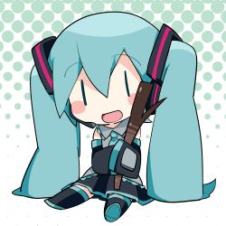 Rule 34 | 1girl, aqua hair, chibi, commentary request, detached sleeves, hammer (sunset beach), hatsune miku, headphones, highres, long hair, necktie, open mouth, sitting, skirt, smile, solo, spring onion, twintails, vocaloid, | |