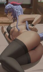 Rule 34 | 1girl, ahoge, alternate costume, artist name, ass, bikini, bikini pull, black bikini, black choker, black thighhighs, black wristband, blue hair, blurry, blurry background, breasts, choker, closed mouth, clothes pull, covered erect nipples, feet out of frame, ganyu (genshin impact), genshin impact, goat horns, highres, horns, long hair, looking at viewer, lying, medium breasts, on bed, on side, oroborus, profile, pulling own clothes, purple eyes, revision, smile, solo, string bikini, swimsuit, thighhighs, underboob, untying